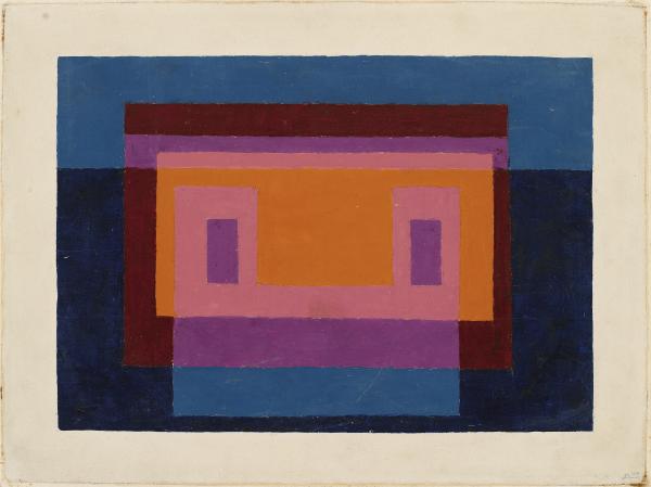 Josef Albers, 4 Central Warm Colors Surrounded by 2 Blues, 1947, Oil on blotting paper mounted on wood panel, 10 x 13 1/2 in. (25.4 x 34.3 cm), The Josef and Anni Albers Foundation, 1976.2.1170, © 2019 The Josef and Anni Albers Foundation/Artists Rights Society (ARS), New York/ProLitteris, Zurich, Photo: Tim Nighswander/Imaging4Art
